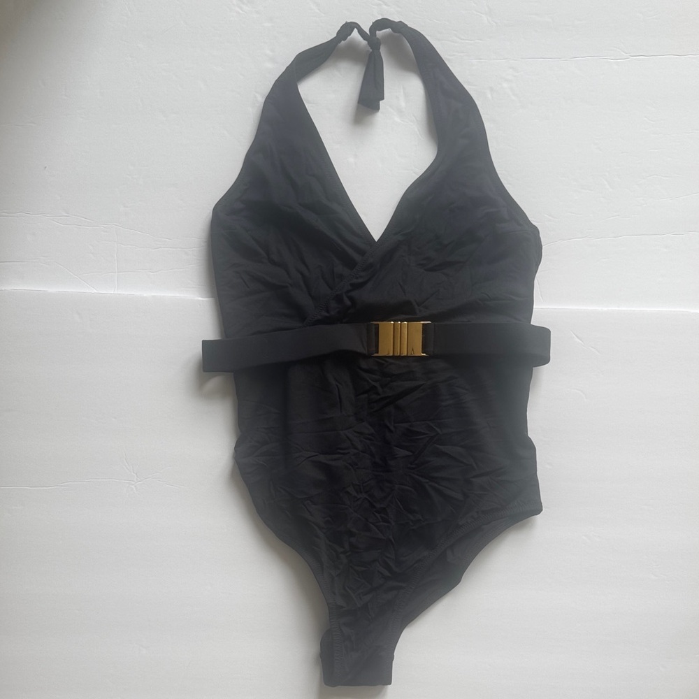 Melissa Odabash Black Halter Swimsuit with Gold Buckle Belt